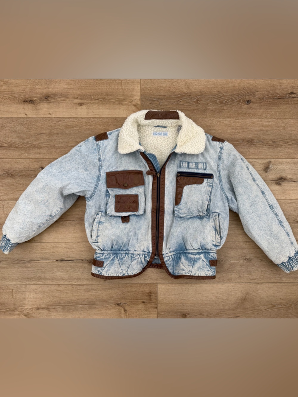 Anchor Blue Light Wash Denim Sherpa Jacket with Brown Trim Vintage